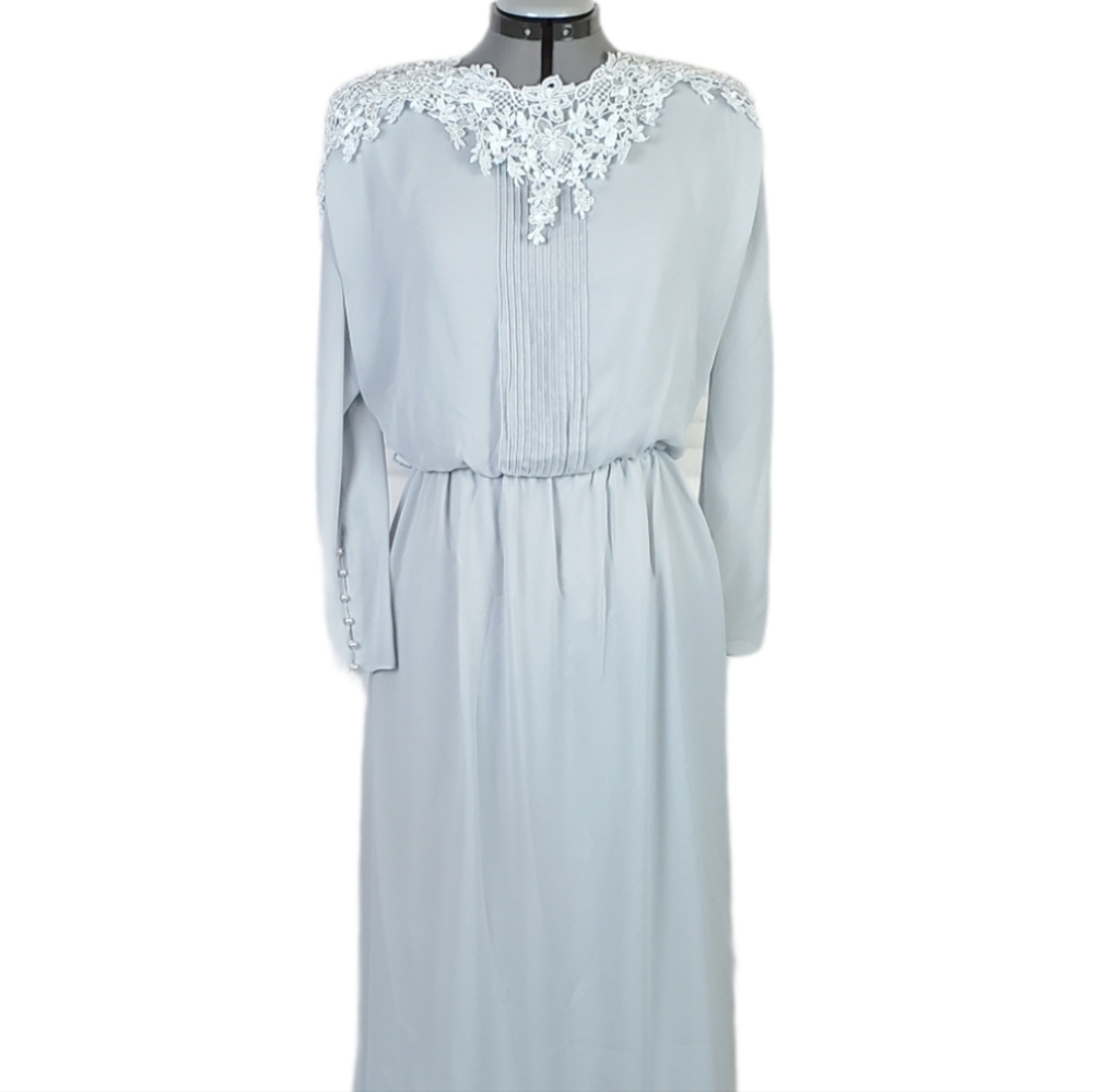 Ursula of Switzerland | 8P | blue chiffon long sleeve blouson gown | Vtg